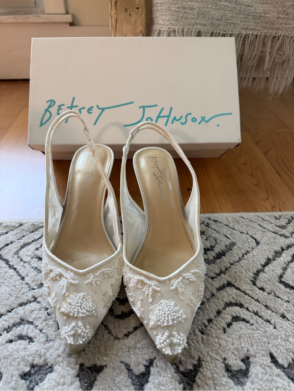 Betsey Johnson Ivory Beaded Pointed Slingback Heels